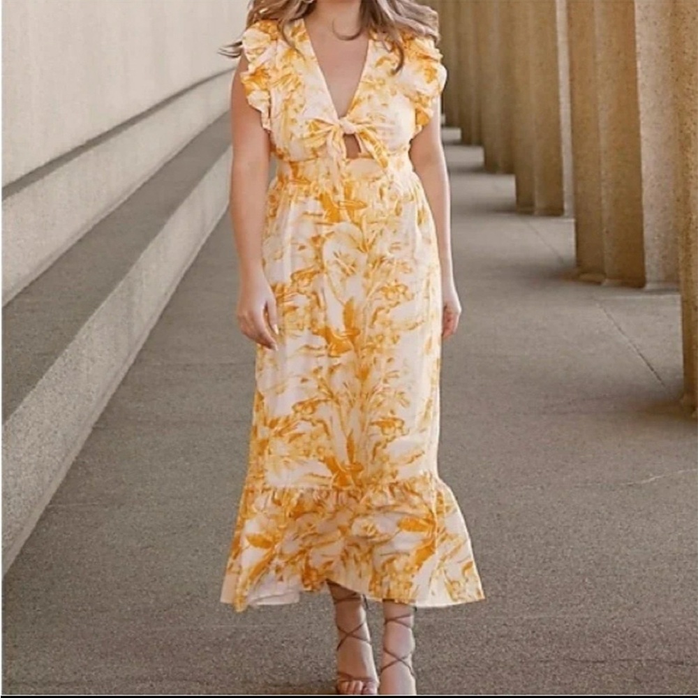 Express Women size Large Flutter Sleeve Tie Front Midi Linen Dress Yellow Gold - Picture 6 of 15